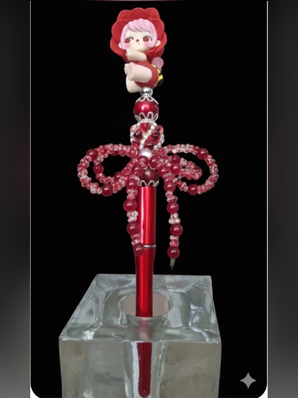 Red Beaded Charm Pen with Flower Top - Women Jewelry